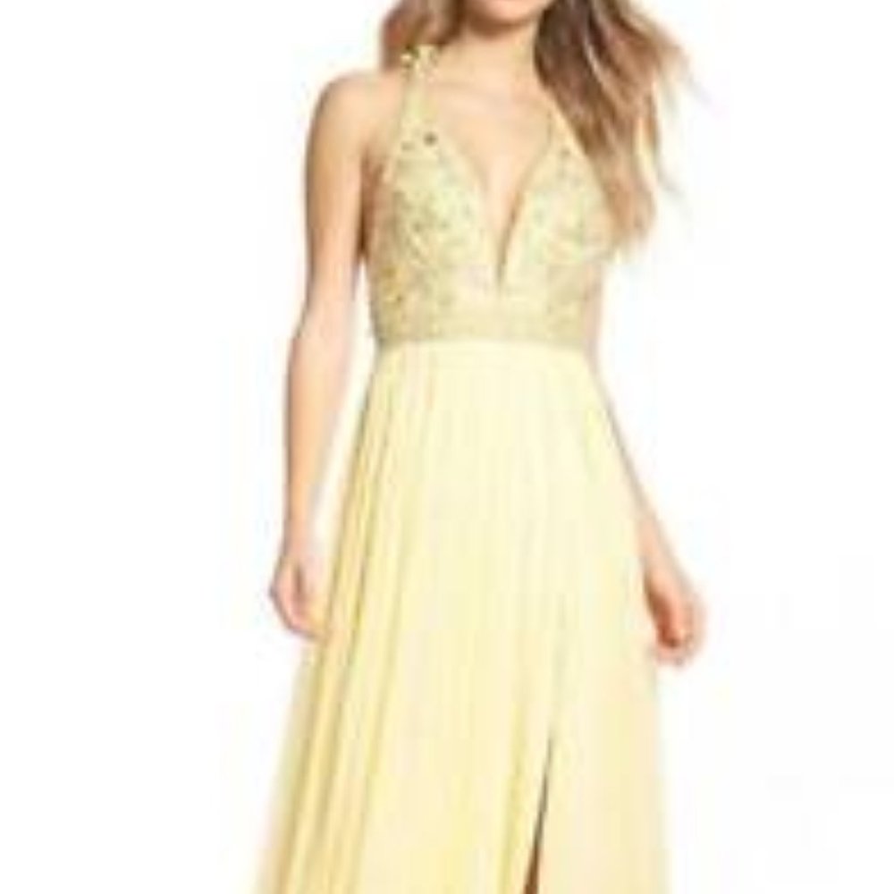 MAC DUGGAL BEADED FLORAL HALTER NECK LEMON BALL -GOWN sz 6